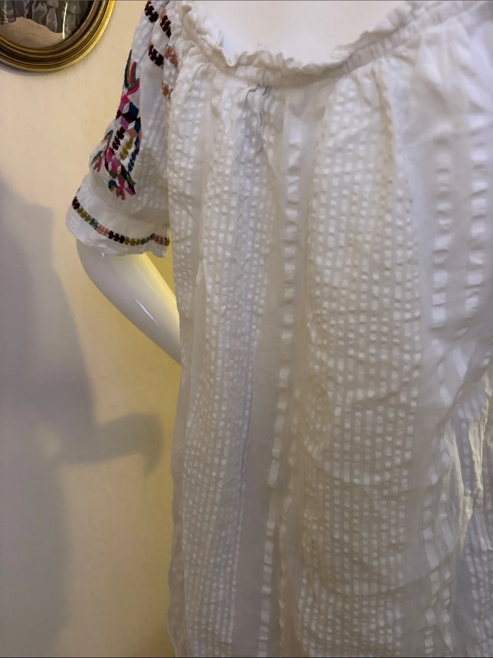Anthropologie White Off-Shoulder Blouse with Multicolor Embroidery